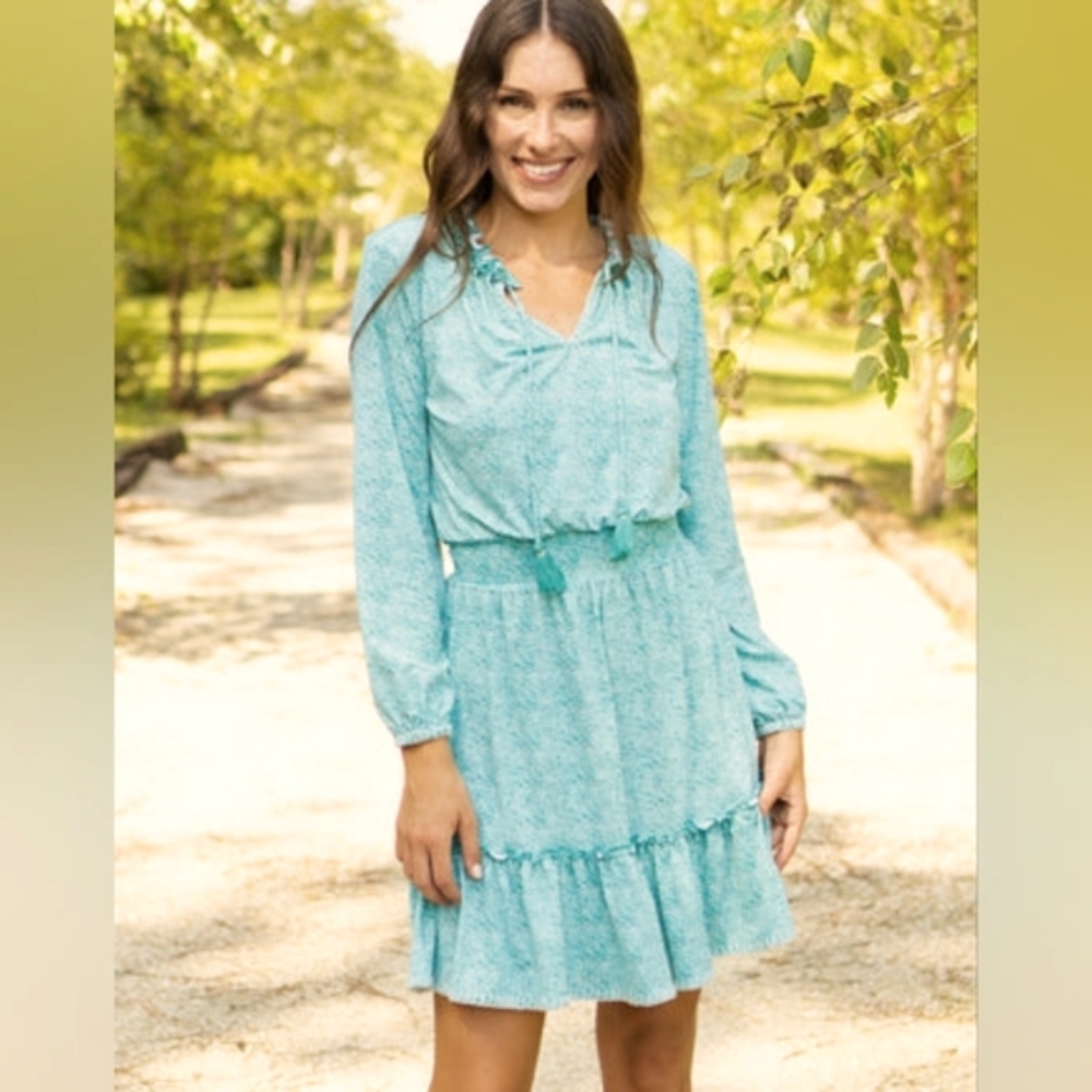 CABANA LIFE Buckhead-Tassel-Smocked-Raffle Long Sleeve Dress